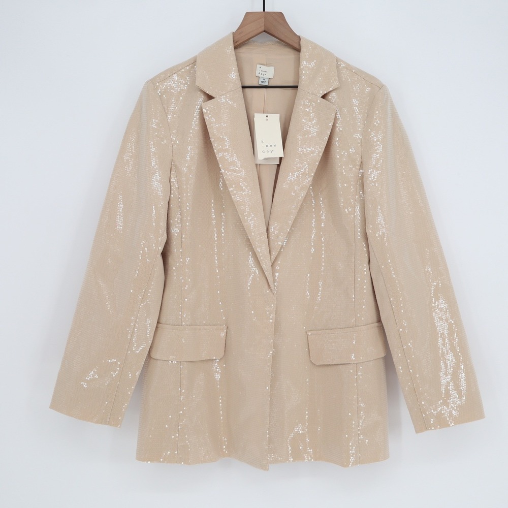 A New Day Womens Sequin Blazer Champagne Beige Long Sleeve Jacket Size M NWT - Picture 2 of 6